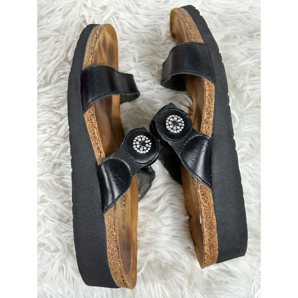 Naot Sandals Womens Size 7 EU 38 Black Leather Rhinestone Cork Wedge Slide